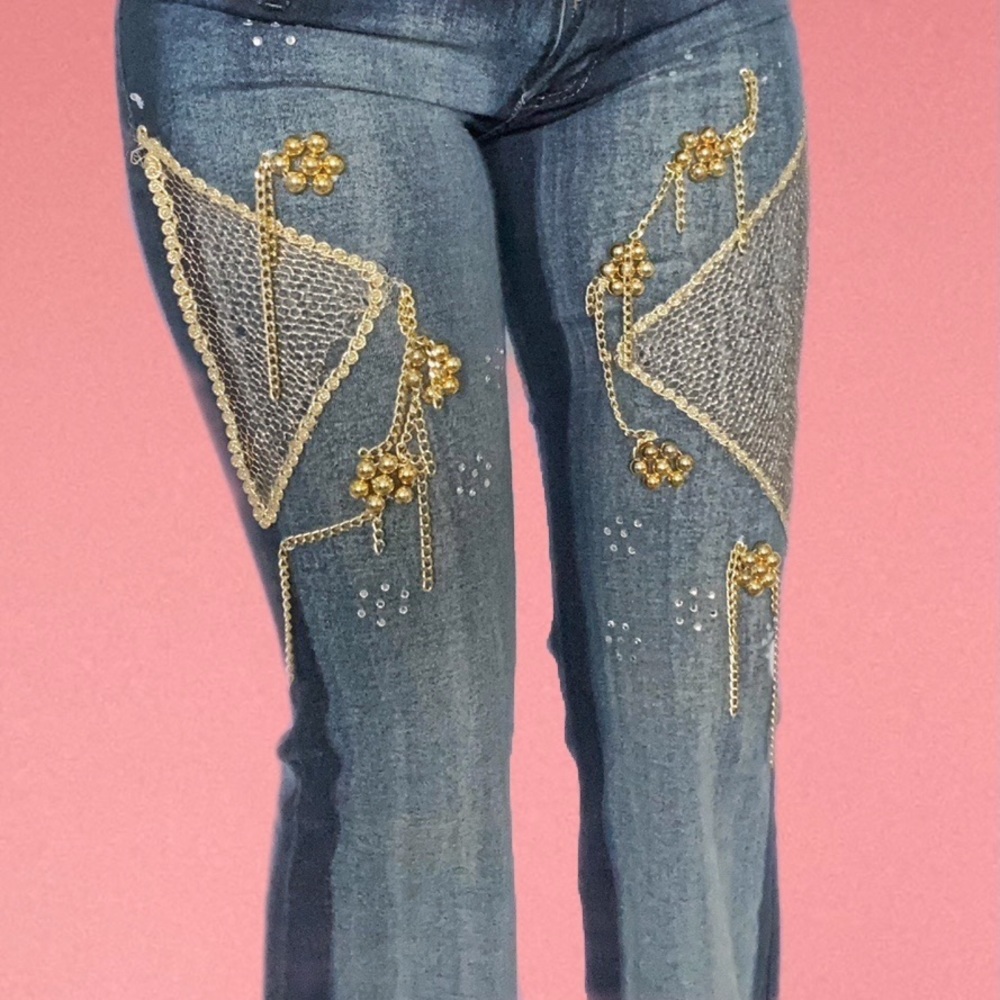 INSANE Y2K Gold Bead & Chain Detail Flare Jeans